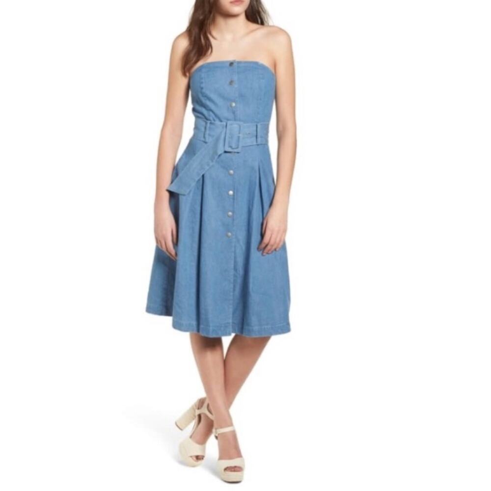 JOA Strapless Denim Fit‎ & Flare Belted Dress New